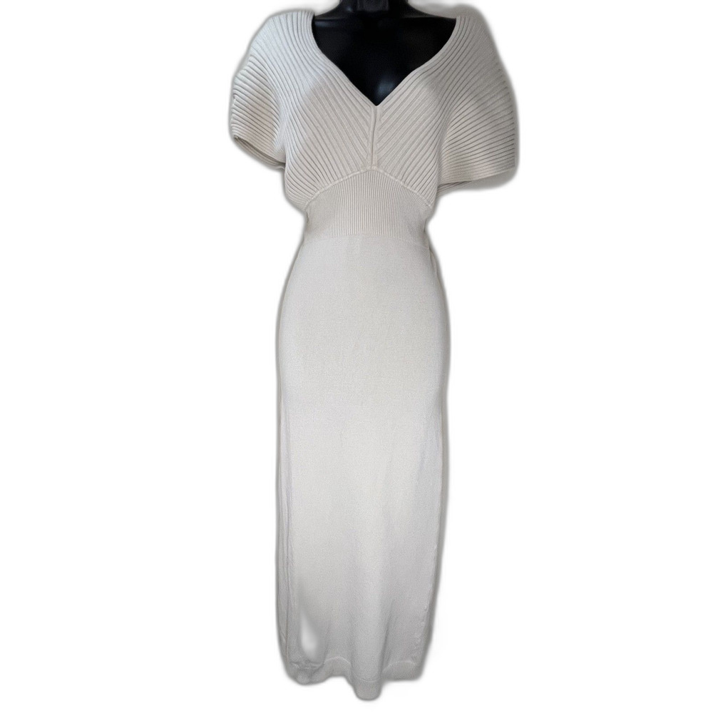 Carabella Ivory Ribbed Knit Maxi Dress Size S V-Neck Stretch Slit Quiet Luxury